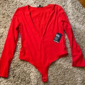 Red thong deep v bodysuit